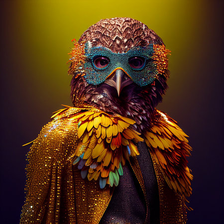 Realistic lifelike owl bird in disco neon glitter bright outfits, commercial, editorial advertisement, surreal surrealismの素材