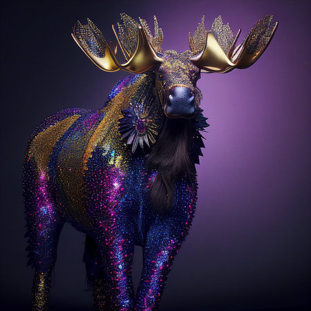 Realistic lifelike moose in disco neon glitter bright outfits, commercial, editorial advertisement, surreal surrealismの素材
