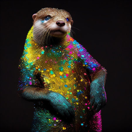 Realistic lifelike otter in disco neon glitter bright outfits, commercial, editorial advertisement, surreal surrealismの素材