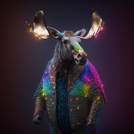 Realistic lifelike moose in disco neon glitter bright outfits, commercial, editorial advertisement, surreal surrealismの素材
