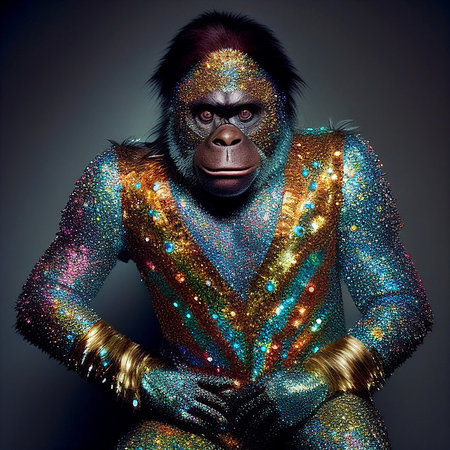 Realistic lifelike gorilla in disco neon glitter bright outfits, commercial, editorial advertisement, surreal surrealismの素材