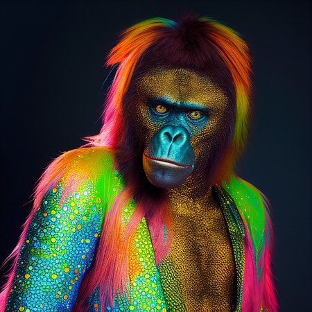Realistic lifelike gorilla in disco neon glitter bright outfits, commercial, editorial advertisement, surreal surrealismの素材