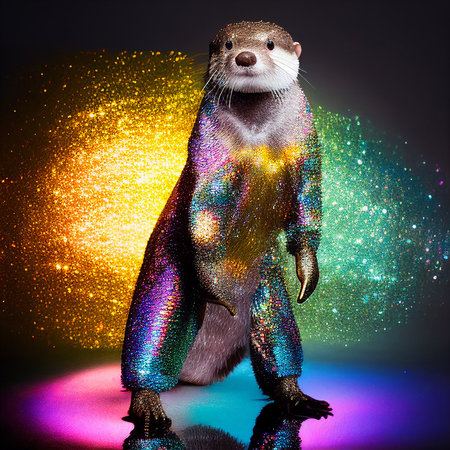Realistic lifelike otter in disco neon glitter bright outfits, commercial, editorial advertisement, surreal surrealismの素材