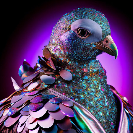 Realistic lifelike pigeon bird in disco neon glitter bright outfits, commercial, editorial advertisement, surreal surrealismの素材