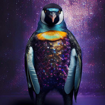 Realistic lifelike penguin in disco neon glitter bright outfits, commercial, editorial advertisement, surreal surrealismの素材