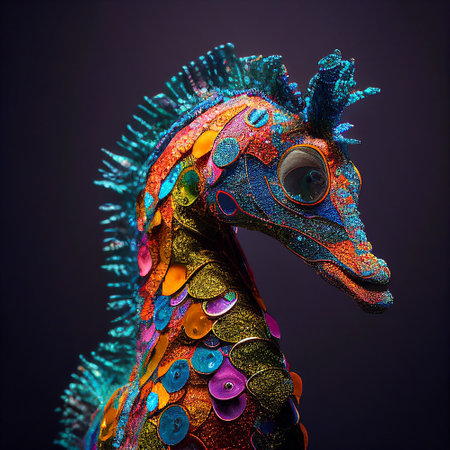 Realistic lifelike seahorse in disco neon glitter bright outfits, commercial, editorial advertisement, surreal surrealismの素材