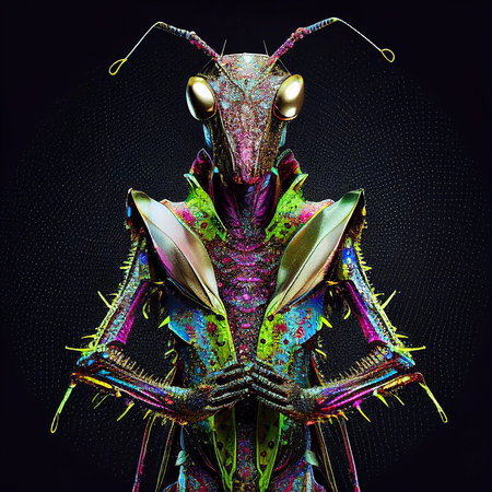 Realistic lifelike praying mantis in disco neon glitter bright outfits, commercial, editorial advertisement, surreal surrealismの素材