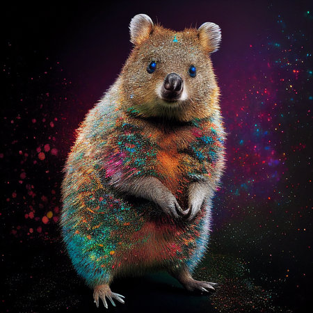 Realistic lifelike beaver in disco neon glitter bright outfits, commercial, editorial advertisement, surreal surrealismの素材