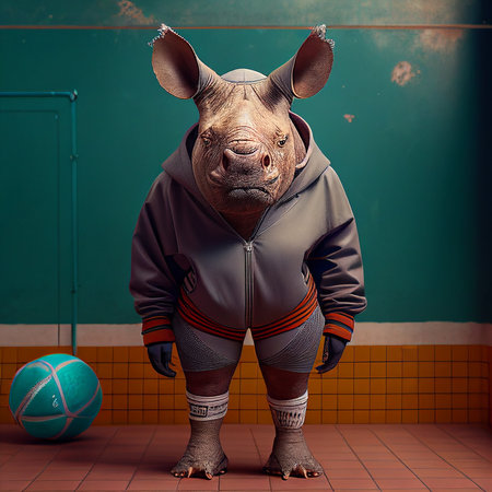 rhinoceros in a sports suit in the gym. 3d illustrationの素材