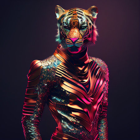 Realistic lifelike tiger in disco neon glitter bright outfits, commercial, editorial advertisement, surreal surrealismの素材