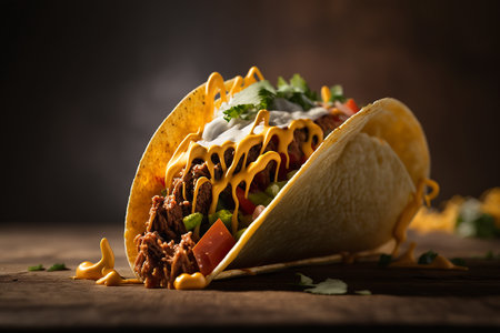 Mexican tacos with beef, cheese and vegetables on rustic wooden backgroundの写真素材