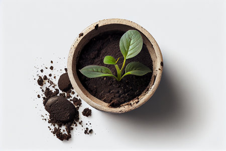 Creative eco concept. A young seedling sprout growing from in a pot of soil humus. planting. Save...
