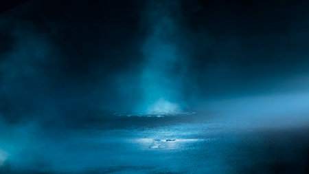 Dark street, wet asphalt, reflections of rays in the water. Abstract dark backgroundの素材