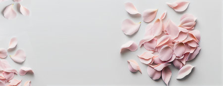 Creative Floral concept. Soft rose pink ivory rose roses petals scattered on white background. Template for product presentation display. flat lay top view. copy text spaceの写真素材
