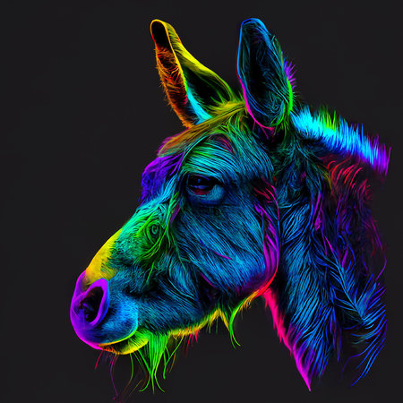 donkey in abstract, graphic highlighters lines rainbow ultra-bright neon artistic portrait, commercial, editorial advertisement, surreal surrealism. Isolated on dark background.の素材