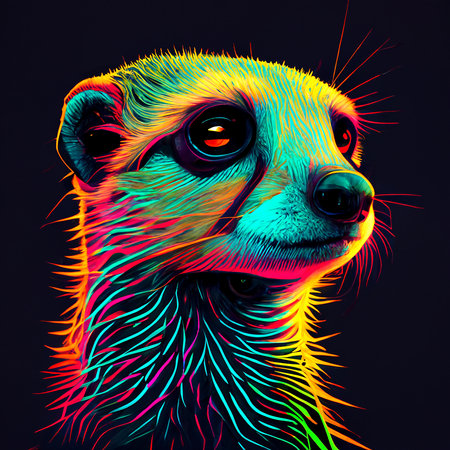 Meerkat in abstract, graphic highlighters lines rainbow ultra-bright neon artistic portrait, commercial, editorial advertisement, surreal surrealism. Isolated on dark background.の素材