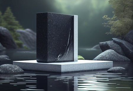3d render of black stone pedestal in water with green forest backgroundの写真素材