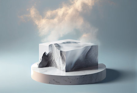 3d rendering of white marble podium with clouds in the background.の写真素材