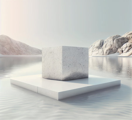 3d render of white stone cube on the water surface with mountains in the backgroundの写真素材