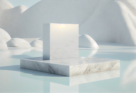 White marble podium for product presentation in the desert. 3D renderingの写真素材