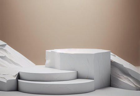 Abstract scene with white marble podium for product presentation. 3d renderの写真素材