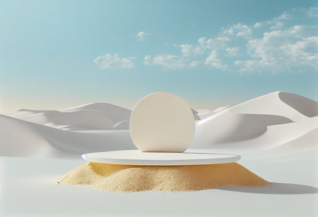 3d rendering of white podium for product presentation in desert background.の写真素材
