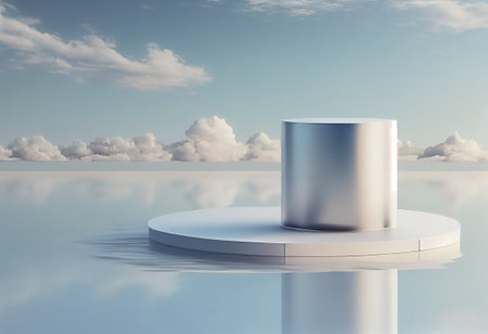 3d render of white podium on blue sky background with clouds.の写真素材
