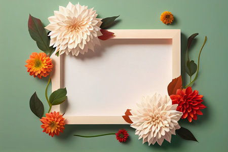 Paper frame with dahlia flowers and leaves on green background. Flat lay, top viewの写真素材