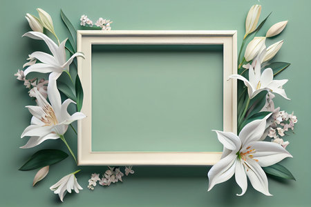 Creative layout made of white lily flowers and wooden frame on green background. Flat lay, top view, copy spaceの写真素材