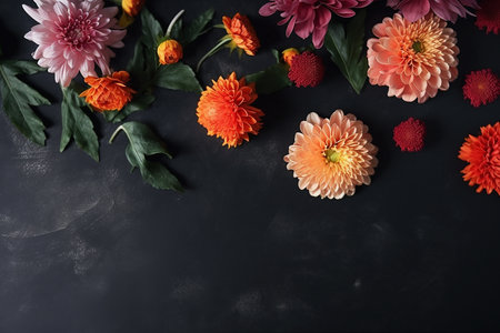 Beautiful autumn flowers on black background, flat lay. Space for textの写真素材
