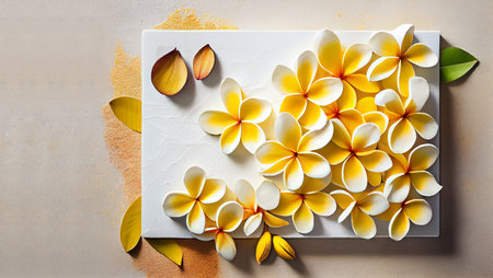 frangipani flowers on a white plate on a beige background mockup template for product presentationの写真素材