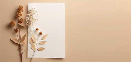 Flowers composition. Greeting card mockup on beige background. Flat lay, top view, copy space. mockup template for product presentationの写真素材