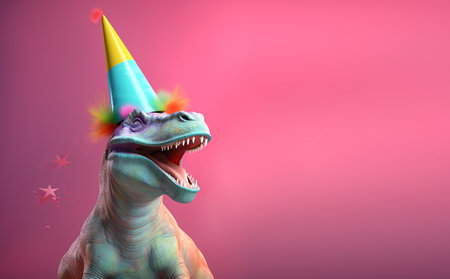 Creative animal concept. dino dinosaur in party cone hat necklace bowtie outfit isolated on solid pastel background advertisement, copy text space. birthday party invite invitationの素材