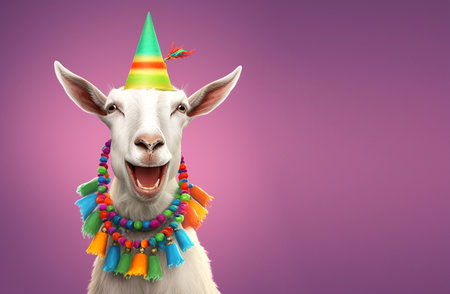 Creative animal concept. goat in party cone hat necklace bowtie outfit isolated on solid pastel background advertisement, copy text space. birthday party invite invitationの素材