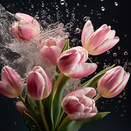 Creative flower concept. Beautiful pink red pastel tulip tulips splashing with dew water droplet splash. view.の写真素材