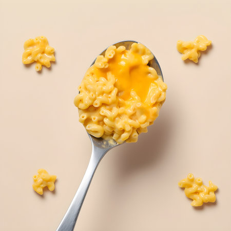 Food concept. A spoon of Macaroni Mac and Cheese baked cheesy with melting dripping cheese American...