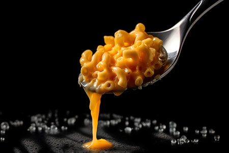 Food concept. A spoon of Macaroni Mac and Cheese baked cheesy with melting dripping cheese American classic staple, top view, close upの写真素材