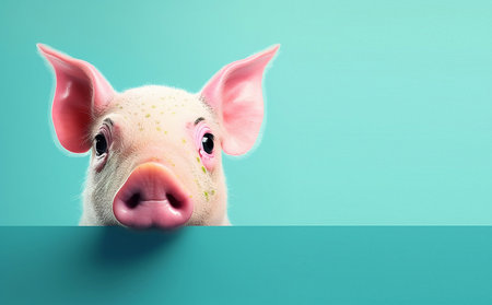 Creative animal concept. pig piggy piglet peeking over pastel bright background. advertisement, banner, card. copy text space. birthday party invite invitation Generative AIの素材