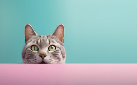 Creative animal concept. tabby cat peeking over pastel bright background. advertisement, banner, card. copy text space. birthday party invite invitation Generative AIの素材