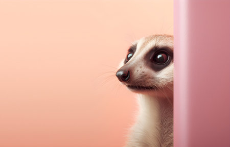 Creative animal concept. meerkat peeking over pastel bright background. advertisement, banner, card. copy text space. birthday party invite invitation Generative AIの素材