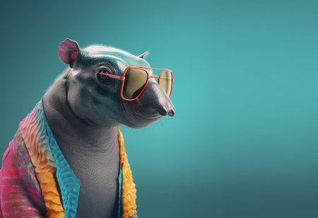 Creative animal concept. tapir in sunglass shade glasses isolated on solid pastel background, commercial, editorial advertisement, surreal surrealismの素材