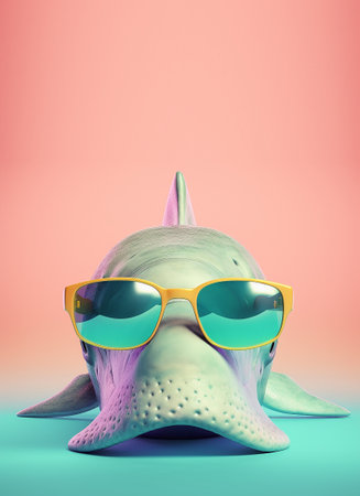 Creative animal concept. whale in sunglass shade glasses isolated on solid pastel background, commercial, editorial advertisement, surreal surrealismの素材