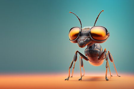Creative animal concept. ant insect in sunglass shade glasses isolated on solid pastel background, commercial, editorial advertisement, surreal surrealismの素材
