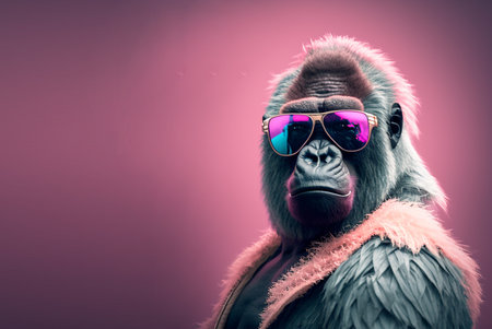 Creative animal concept. gorilla in sunglass shade glasses isolated on solid pastel background, commercial, editorial advertisement, surreal surrealismの素材