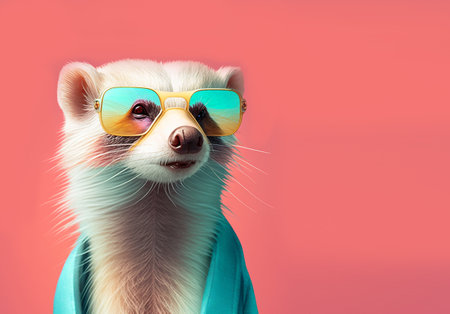 Creative animal concept. ferret in sunglass shade glasses isolated on solid pastel background, commercial, editorial advertisement, surreal surrealismの素材
