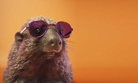 Creative animal concept. wombat in sunglass shade glasses isolated on solid pastel background, commercial, editorial advertisement, surreal surrealismの素材