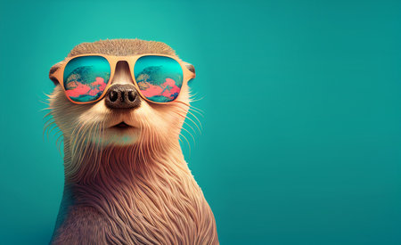 Creative animal concept. otter in sunglass shade glasses isolated on solid pastel background, commercial, editorial advertisement, surreal surrealismの素材