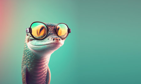 Creative animal concept. eel reptile in sunglass shade glasses isolated on solid pastel background, commercial, editorial advertisement, surreal surrealism. copy text spaceの素材