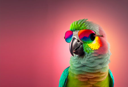 Creative animal concept. parrot bird in sunglass shade glasses isolated on solid pastel background, commercial, editorial advertisement, surreal surrealism. copy text spaceの素材