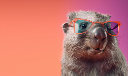 Creative animal concept. Wombat in sunglass shade glasses isolated on solid pastel background, commercial, editorial advertisement, surreal surrealismの素材